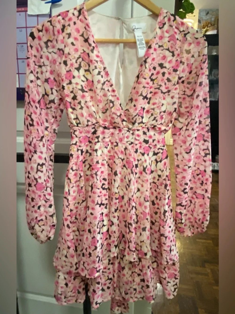 Japna Pink Floral V-Neck Long Sleeve Tiered Dress - Picture 9 of 10